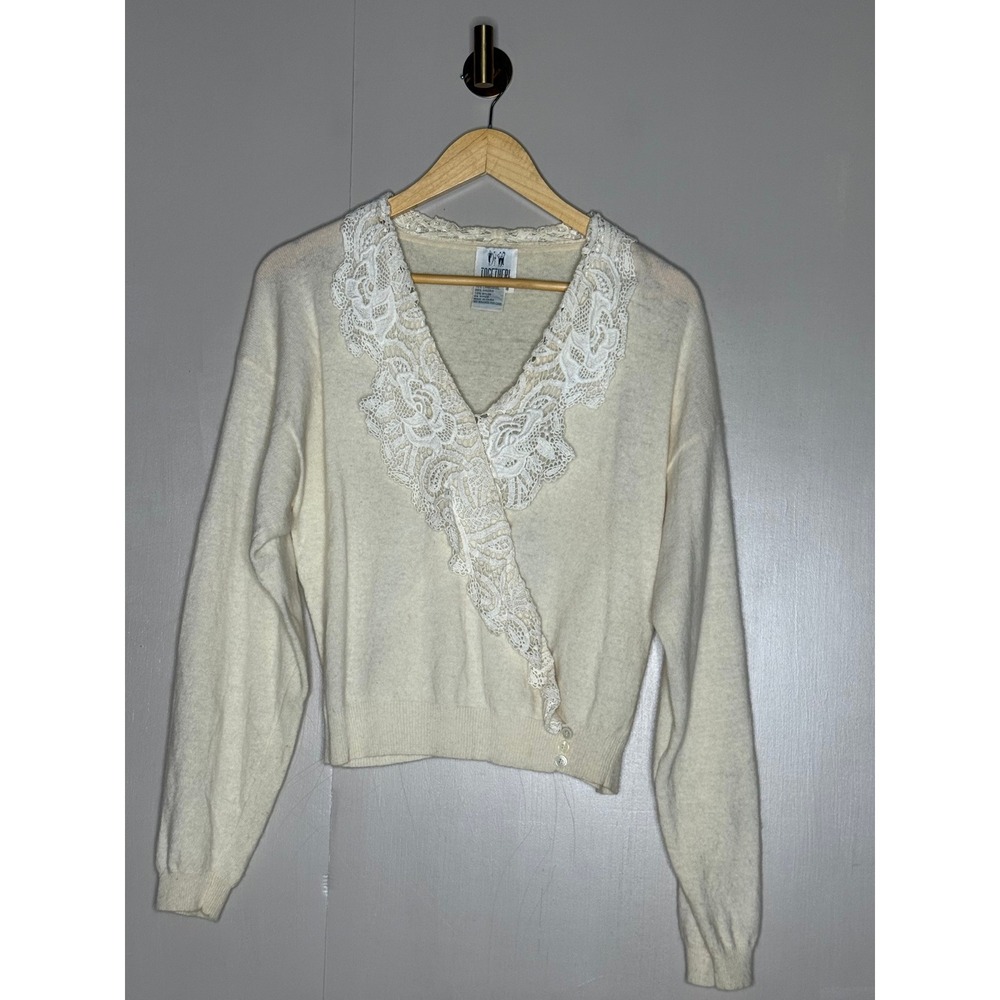 Together! Vintage Angora Lambswool Lace Sweater Ivory Romantic Sweater Medium